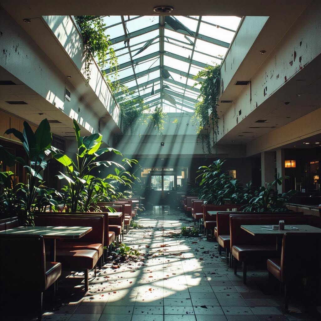 Abandoned Mall Food Court Basking in Sunlight, Cinematic Fil...