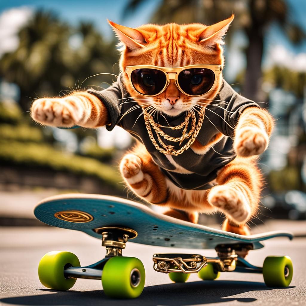 Ginger Cat Does 360 Flip on Skateboard