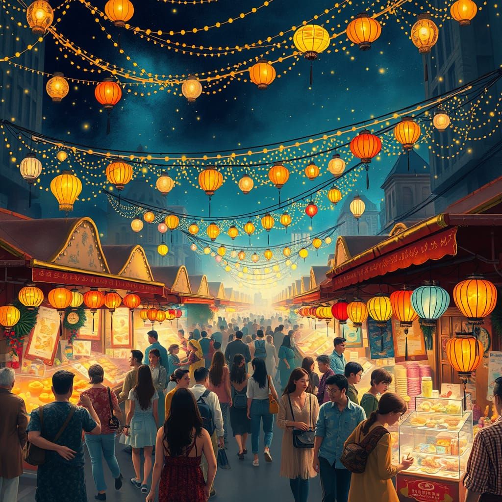 Vibrant Night Market with Lights in Digital Art Style