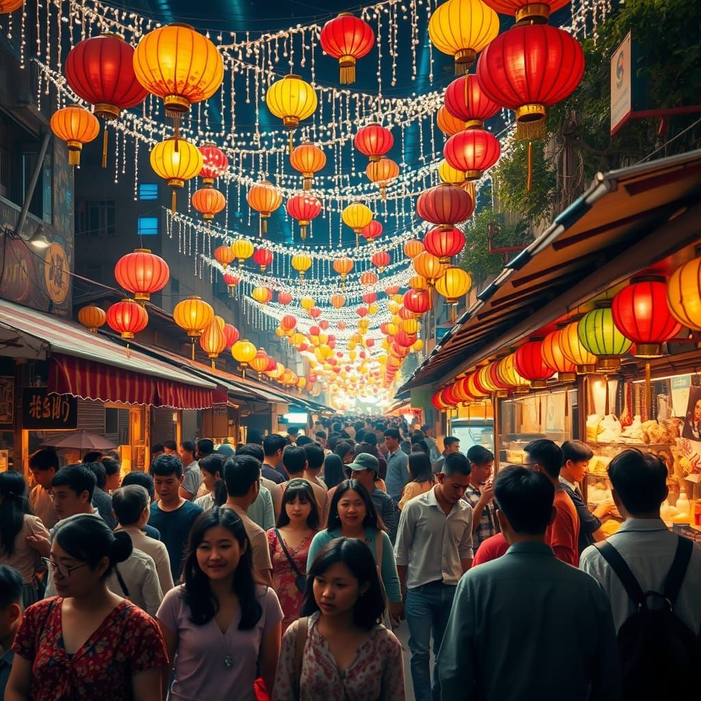 Luminous Night Market Scene in Folk Art Style