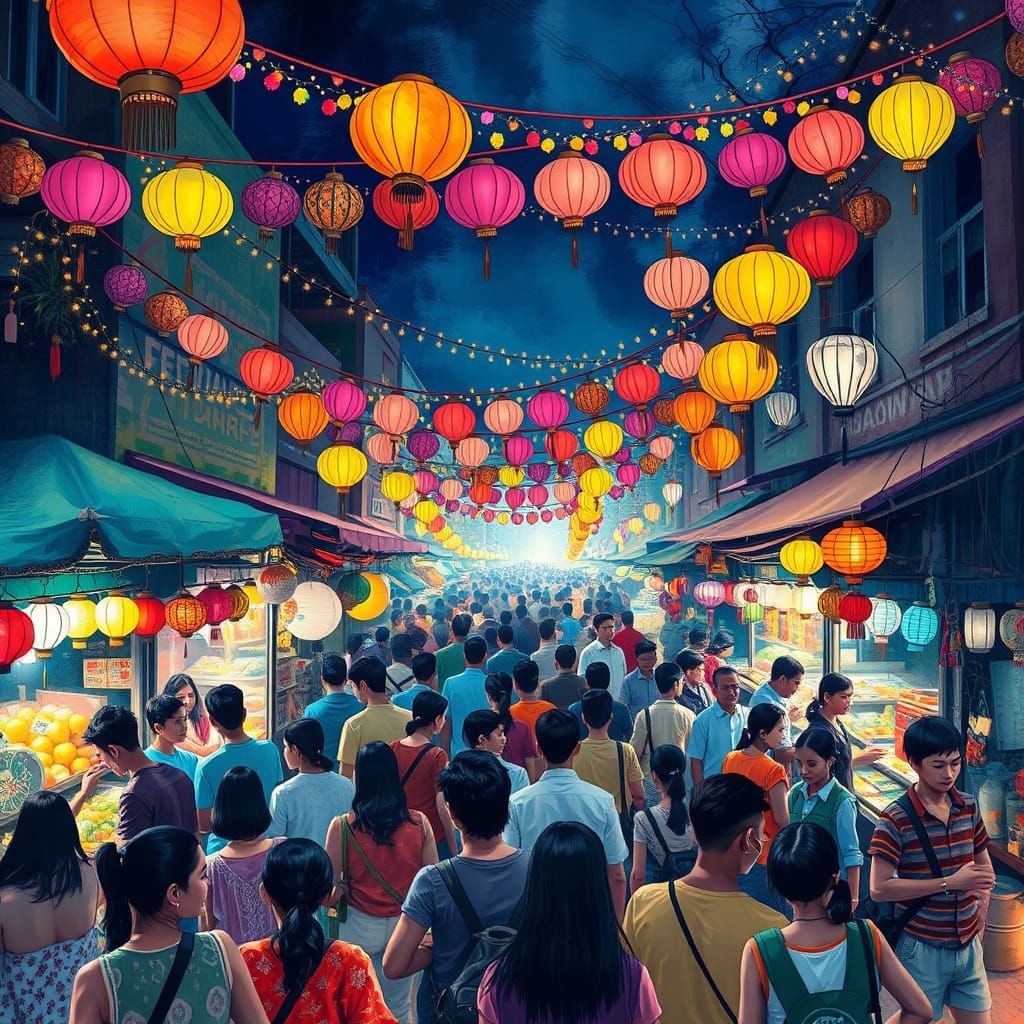 Vibrant Night Market with Garlands and Lanterns