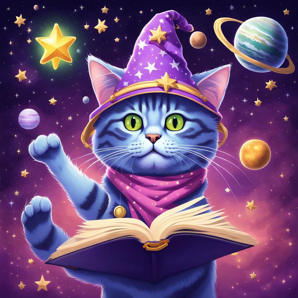 Magical Tabby Cat Wizard Floating in Space