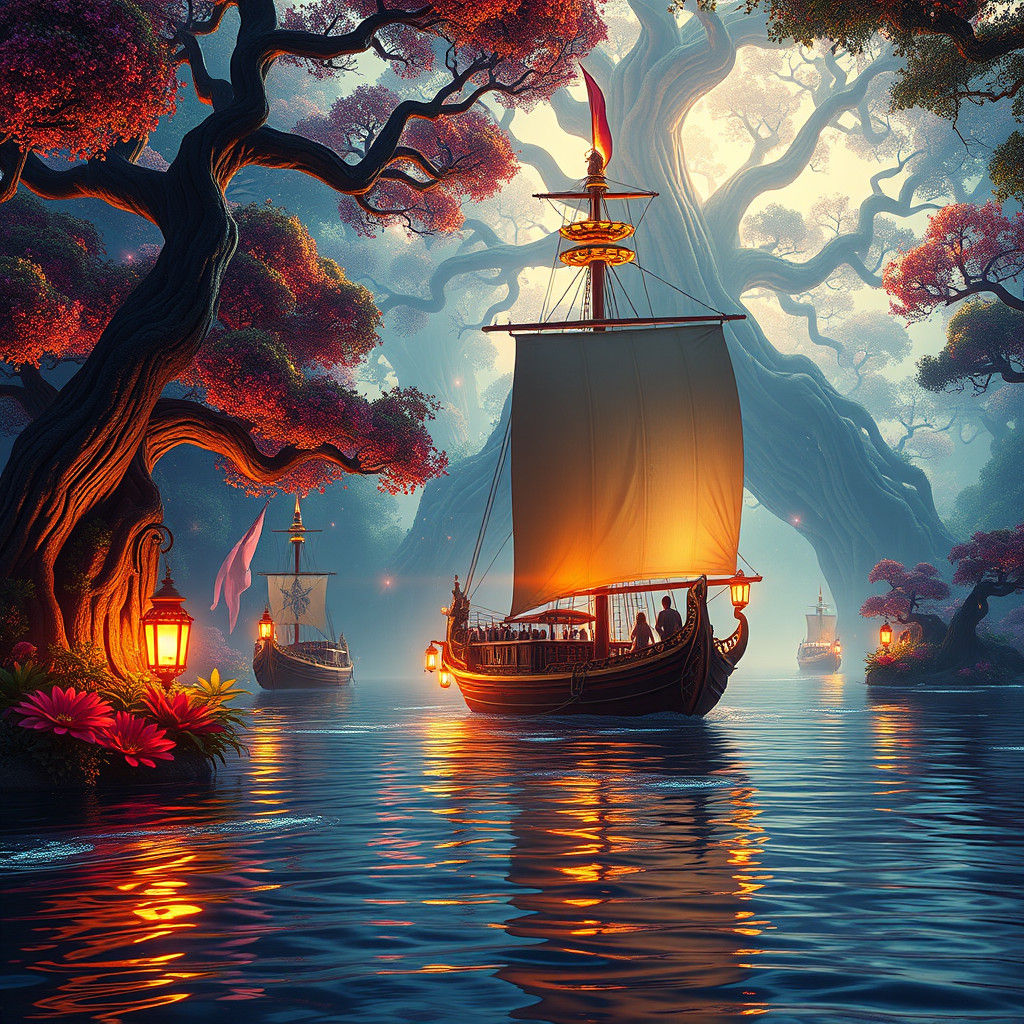 Ornate Boat on Mystical Waterway in Matte Painting Style
