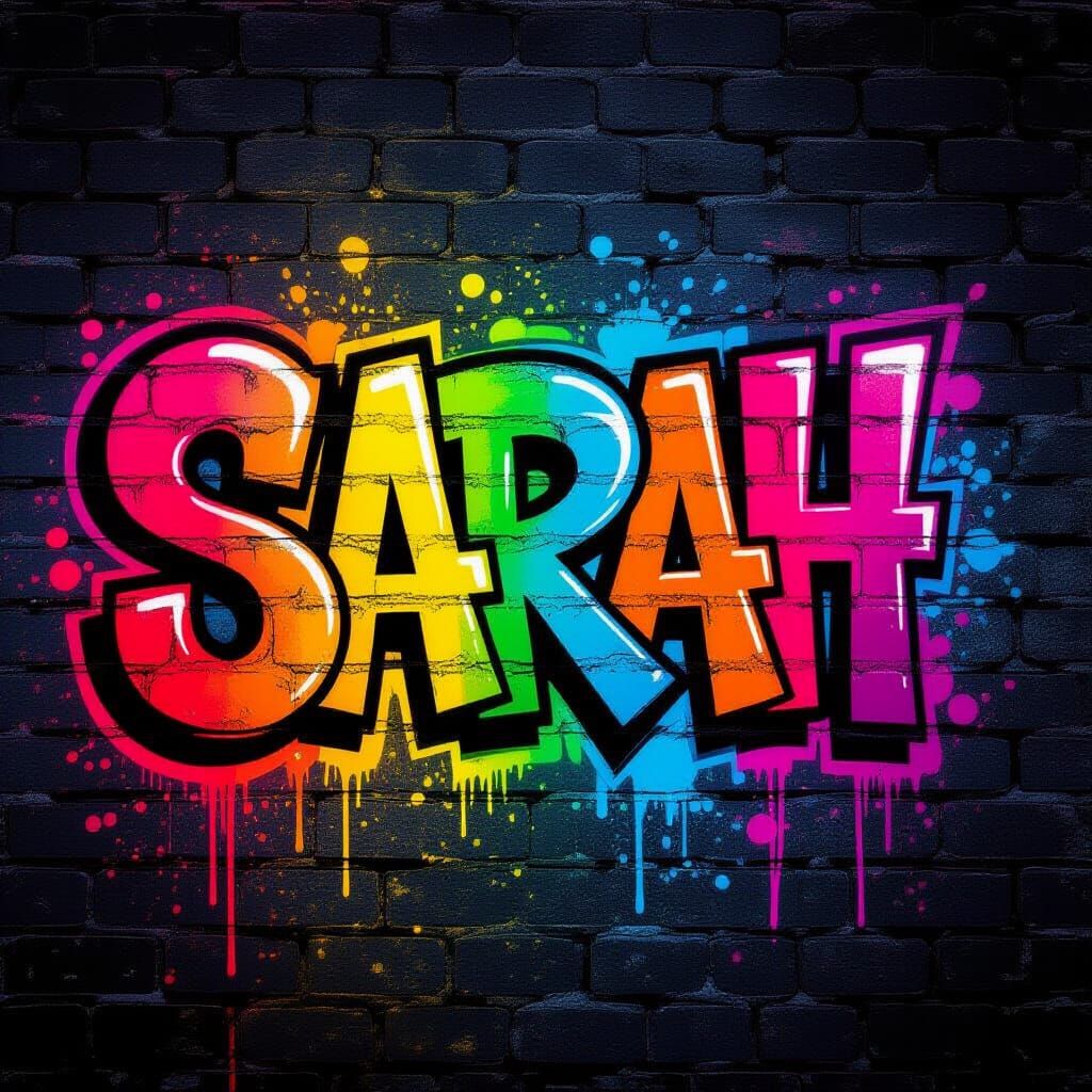 Vibrant Graffiti Name 'Sarah' on Textured Brick Wall