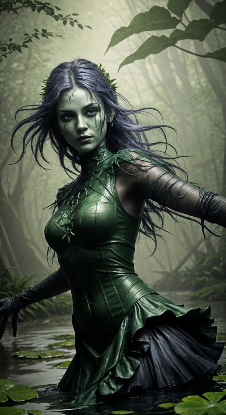 Gothic Green Naiad Dances in Serene Pond Landscape