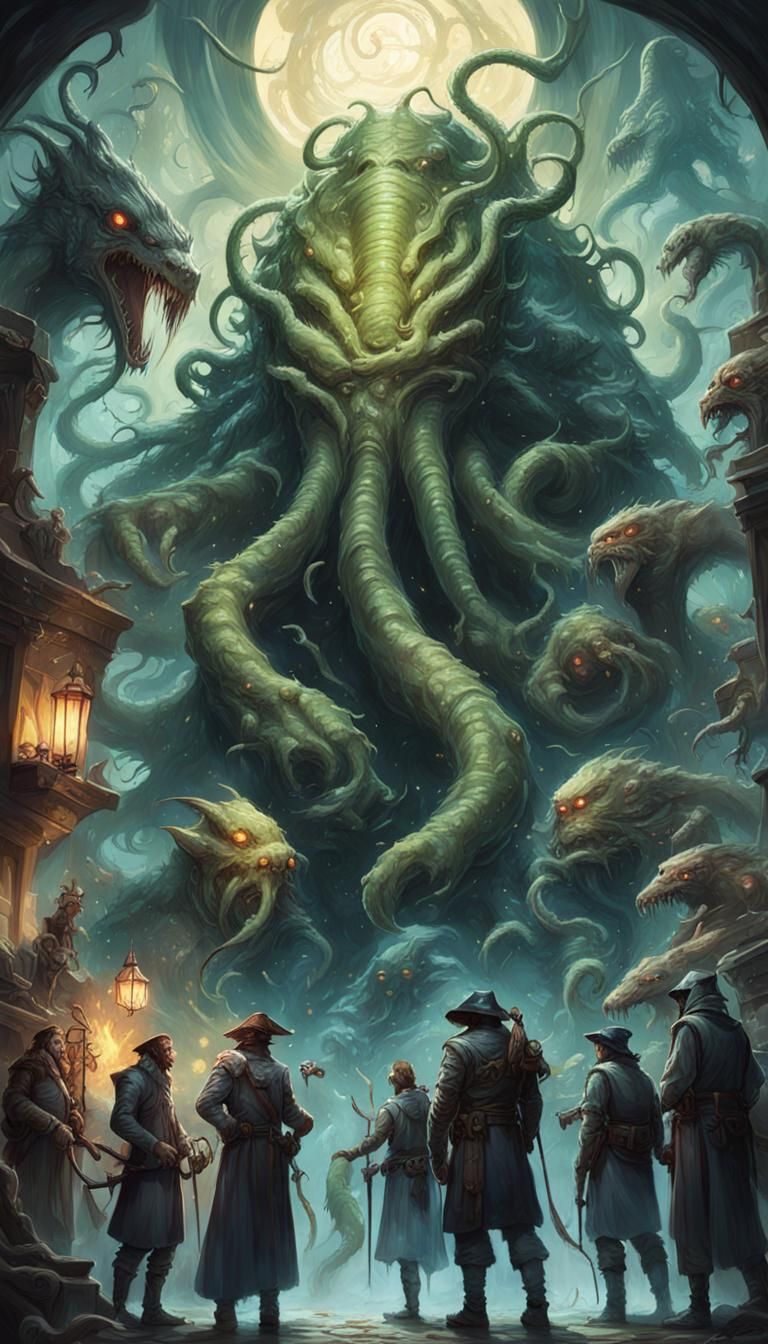 Lovecraftian Monster Confronts Adventurers: Digital Art
