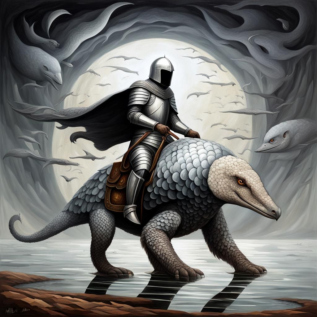 Silver Knight on Grimdark Pangolin, Oil Painting