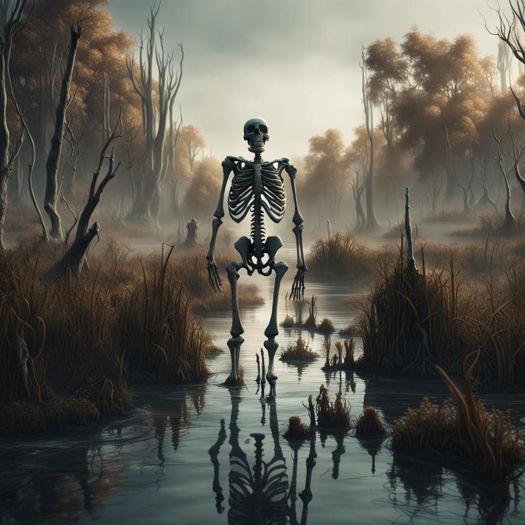 Skeleton Rising from Swamp: Detailed Fantasy Art
