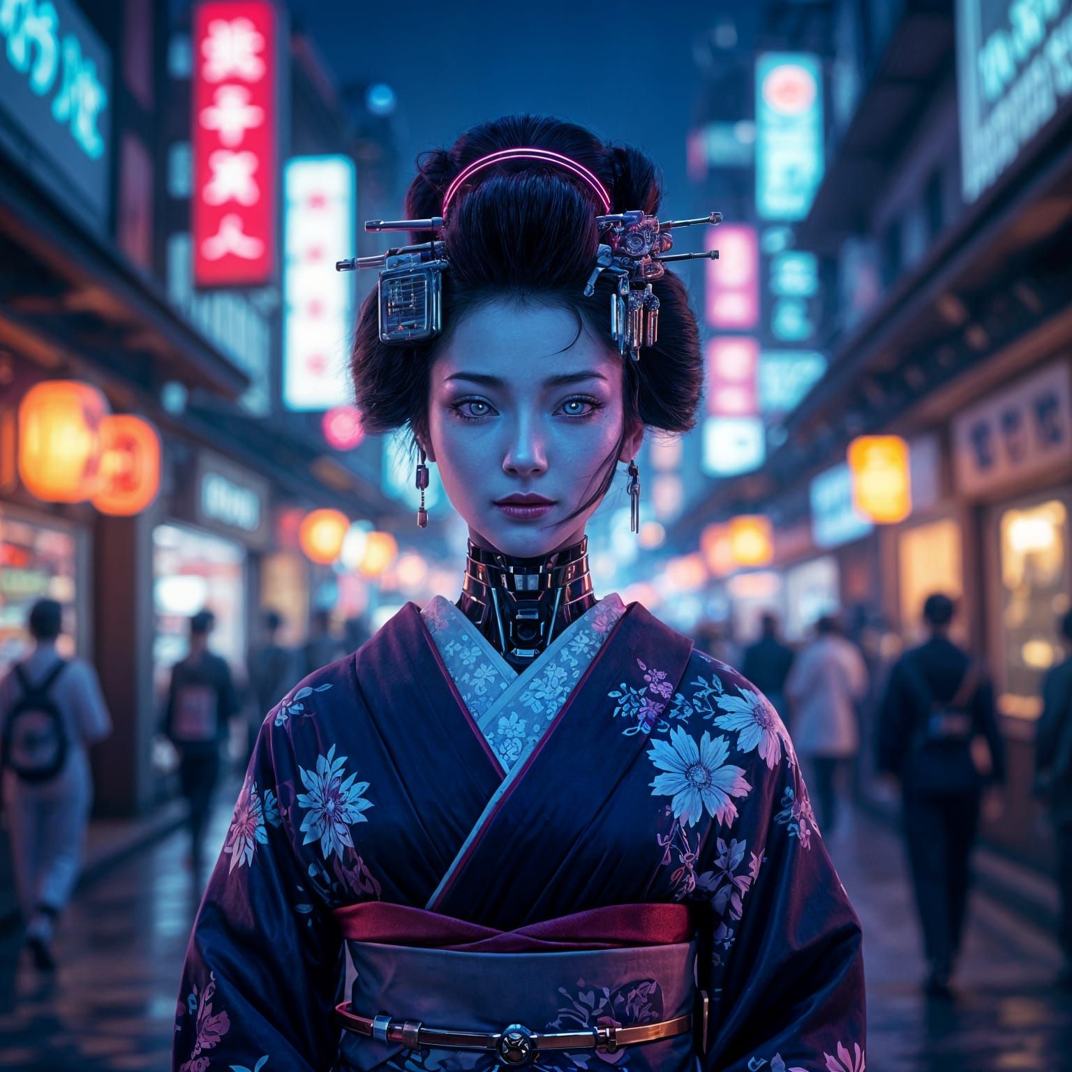 Cyborg Geisha in Neon Marketplace, Cyberpunk Concept Art