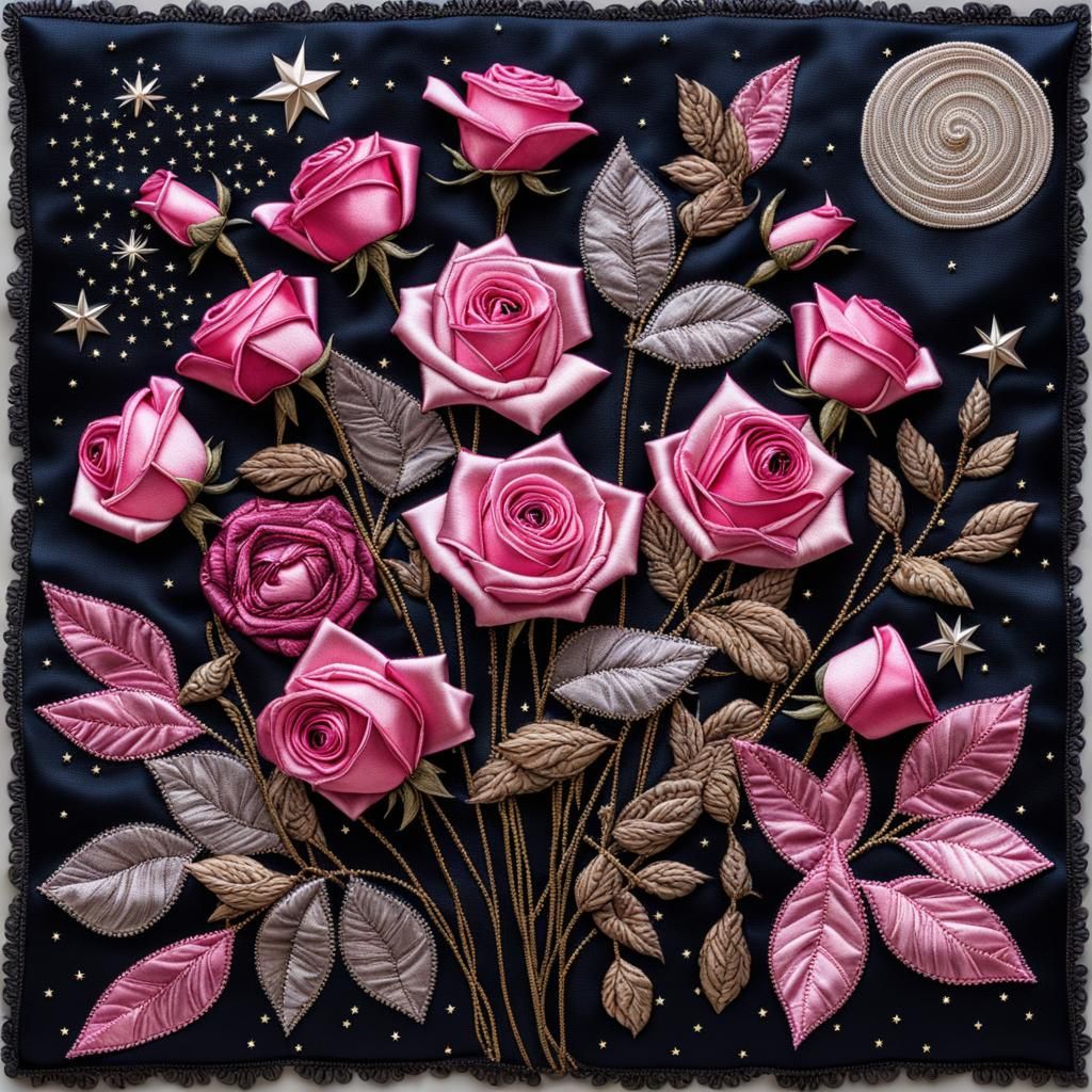 Mystical Fabric Collage of Satin Roses Embroidery