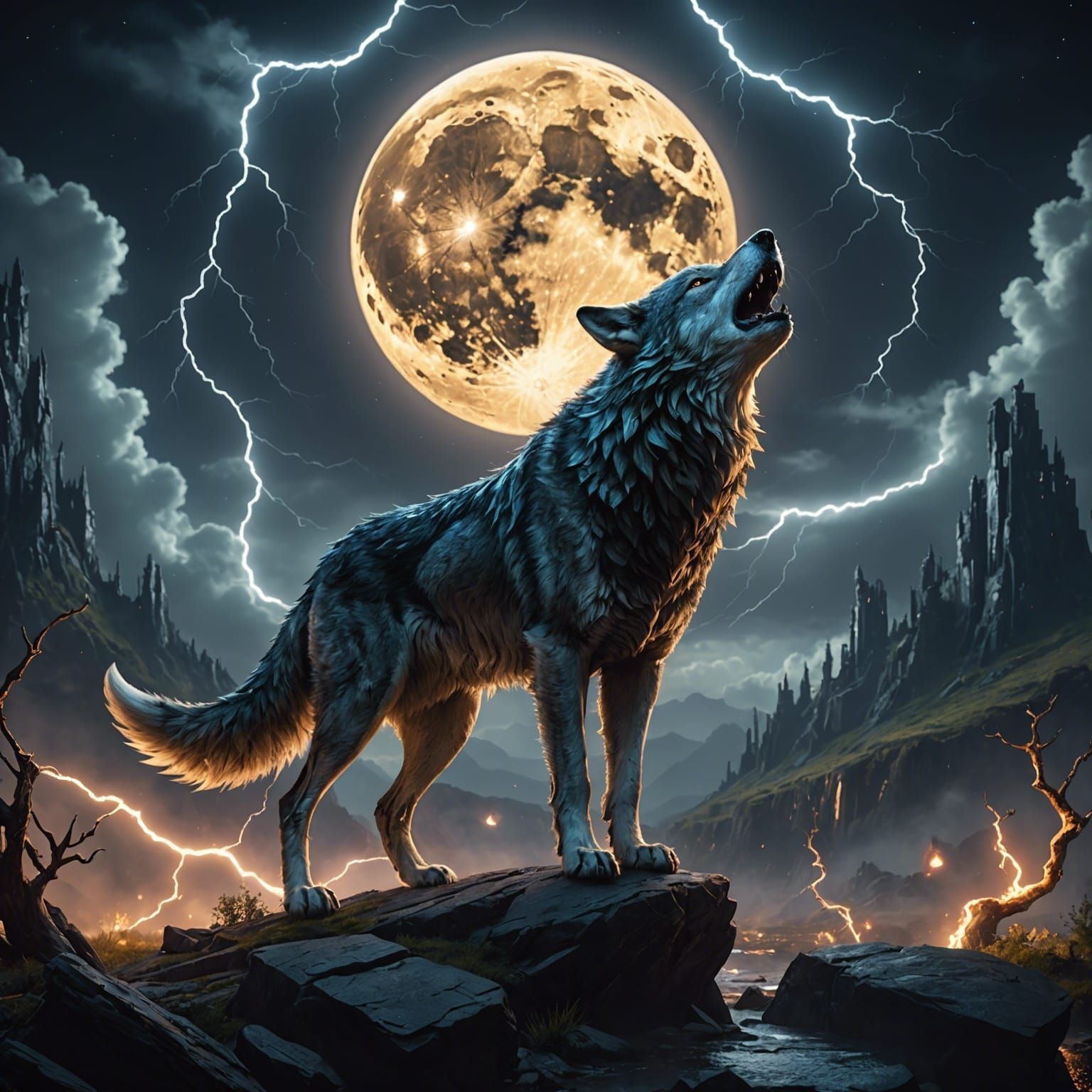 Lightning Wolf Howling at Moon, Fantasy Concept Art