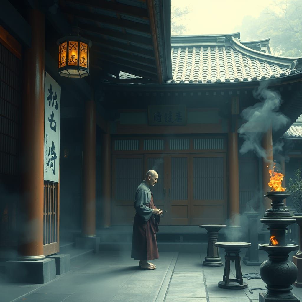 Japanese Monk in Temple with Burning Incense