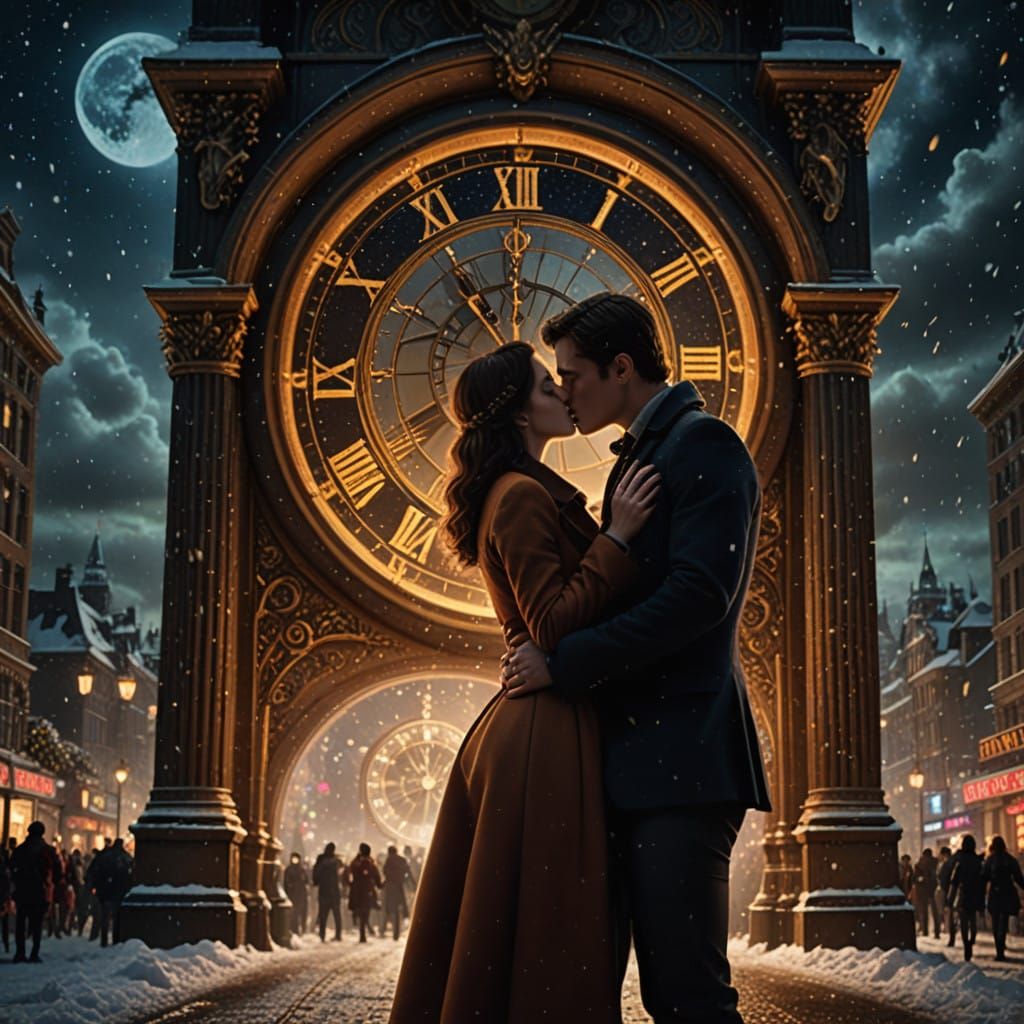 Stunning New Year's Eve Couple Embracing Under Midnight Cloc...