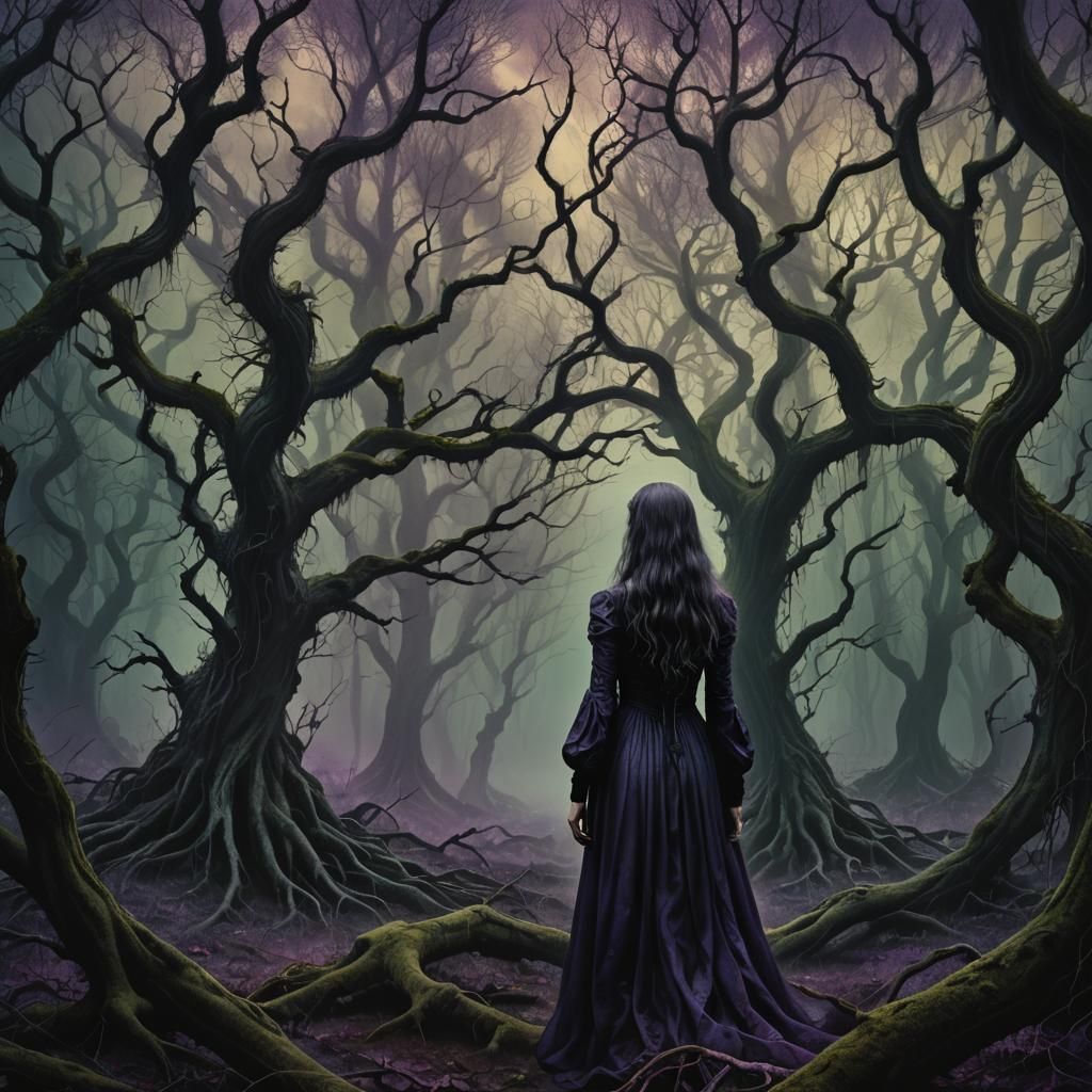 Mysterious Woman in Dark Fantasy Forest