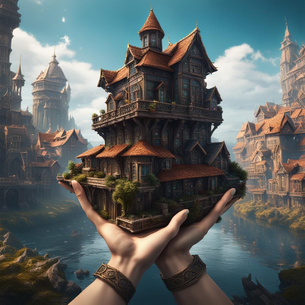 Giantess Holding Building in City, Fantasy Concept Art