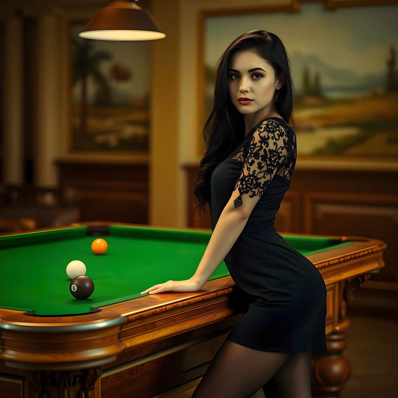 Sultry Russian Beauty Leans Against Vintage Pool Table