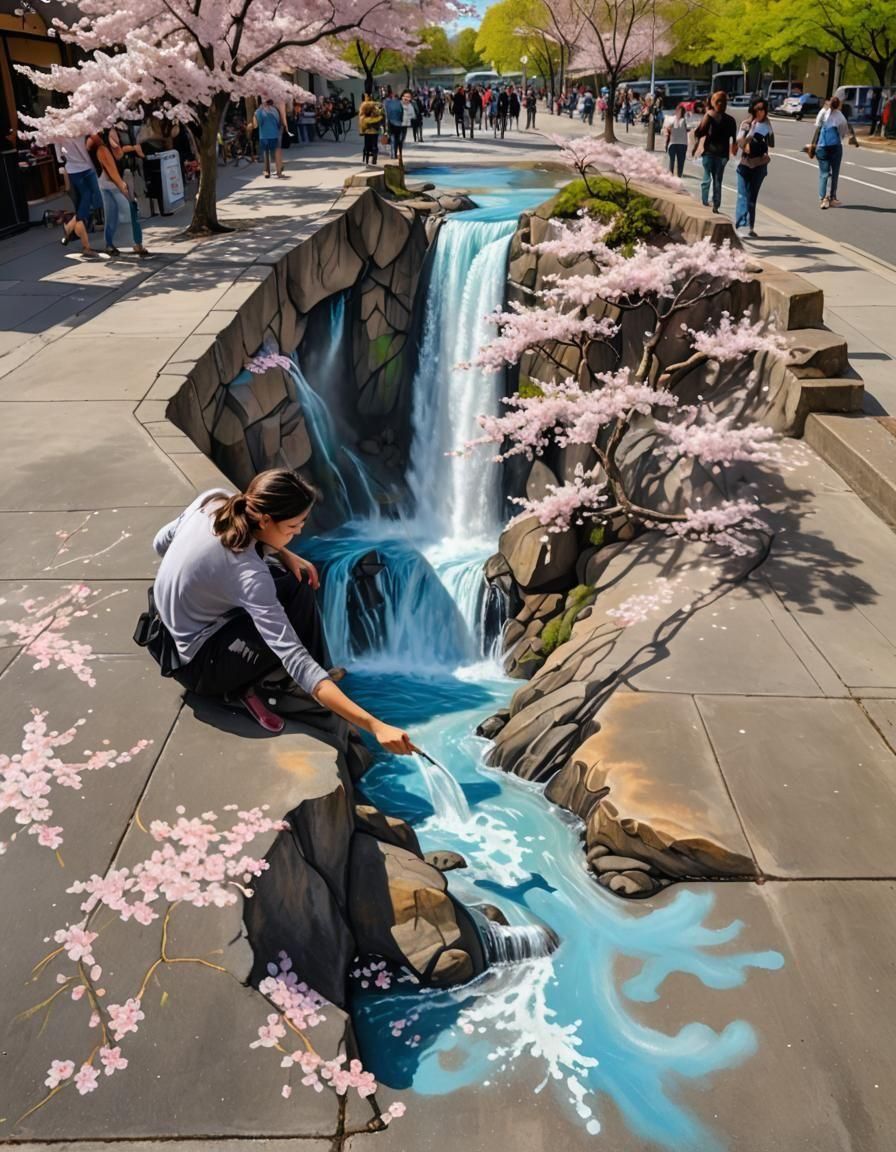 Chalk Art Mountain Waterfall with Cherry Blossoms