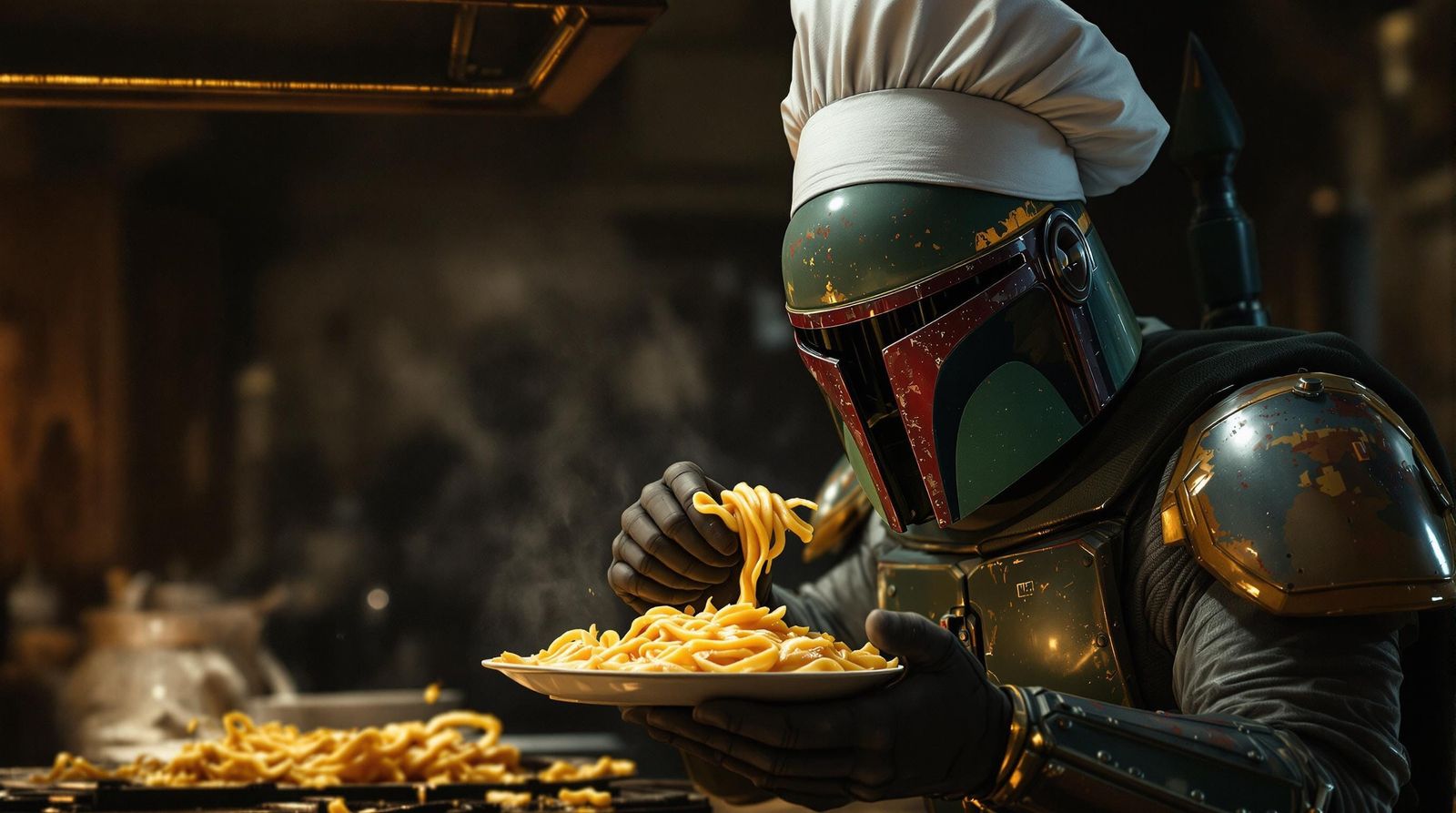 Boba Fett Enjoying Perfectly Cooked Fettucine