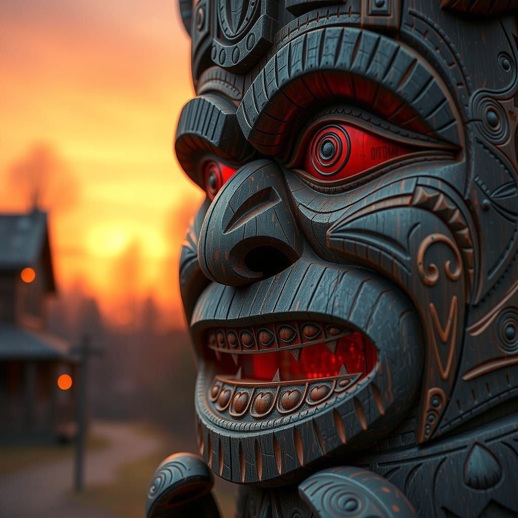 Mystical Carved Totem Pole at Sunset in HDR