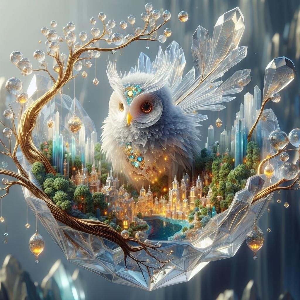 Cascading Fairy Village Inside Glass Owl, Sci-Fi Render