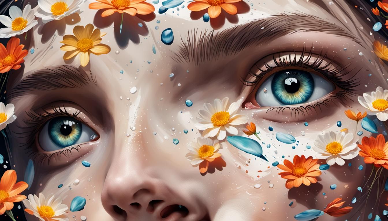 Woman Surrounded by Petals in Hyperrealistic Splash Art