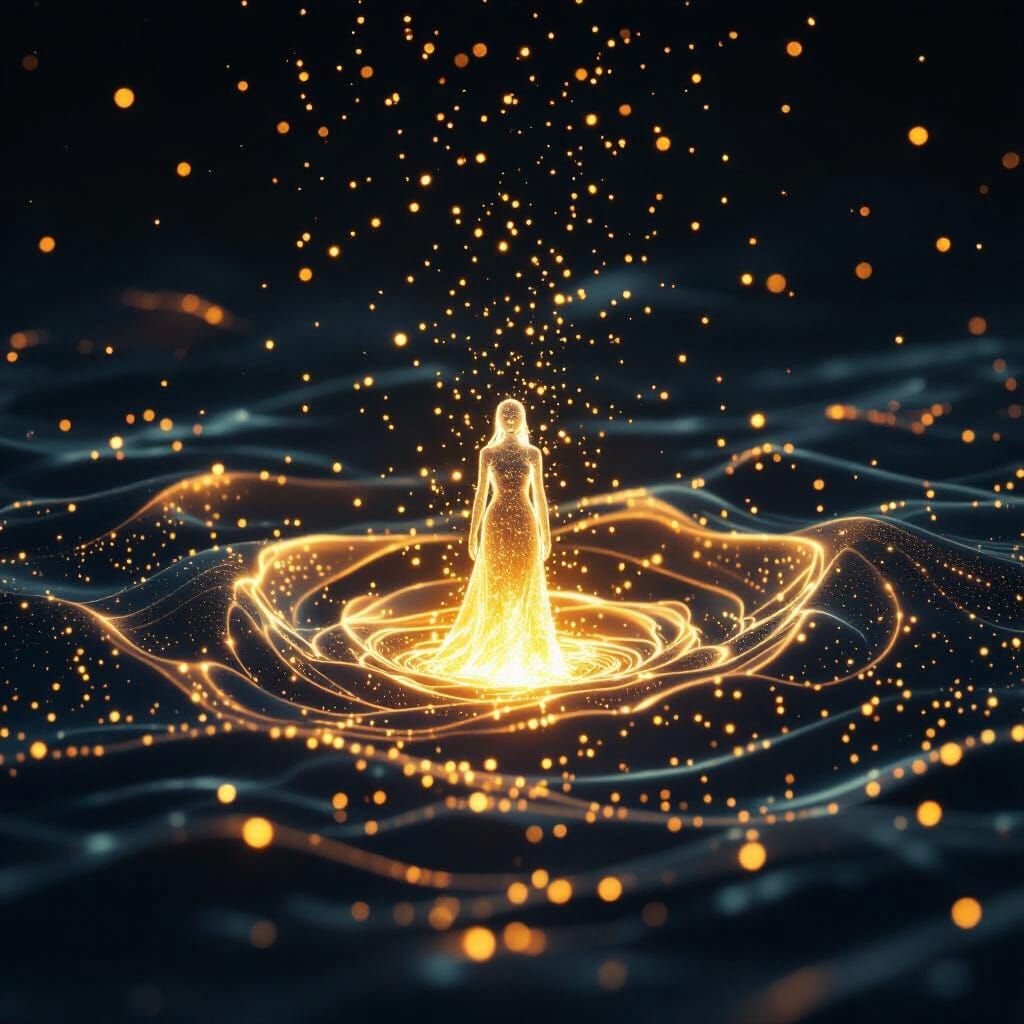 Digital Birth: Ethereal Figure Emerges from Cosmic Void