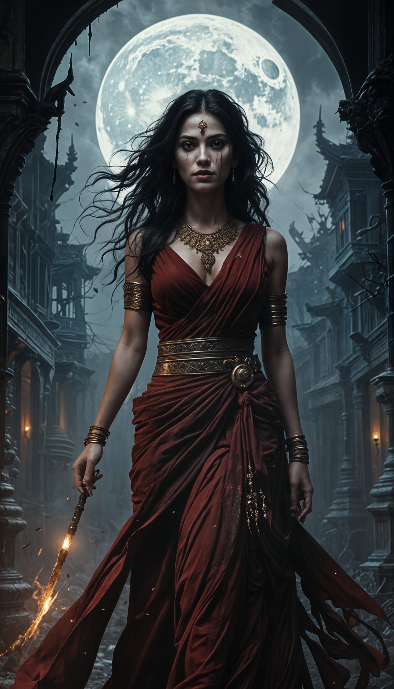 Dark Fantasy Vampire Woman in Moonlit Ruined Street