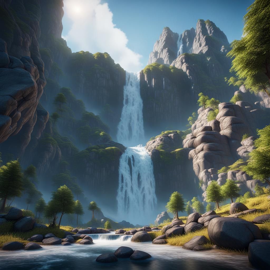 Epic Waterfall and Mountain Landscape in 3D