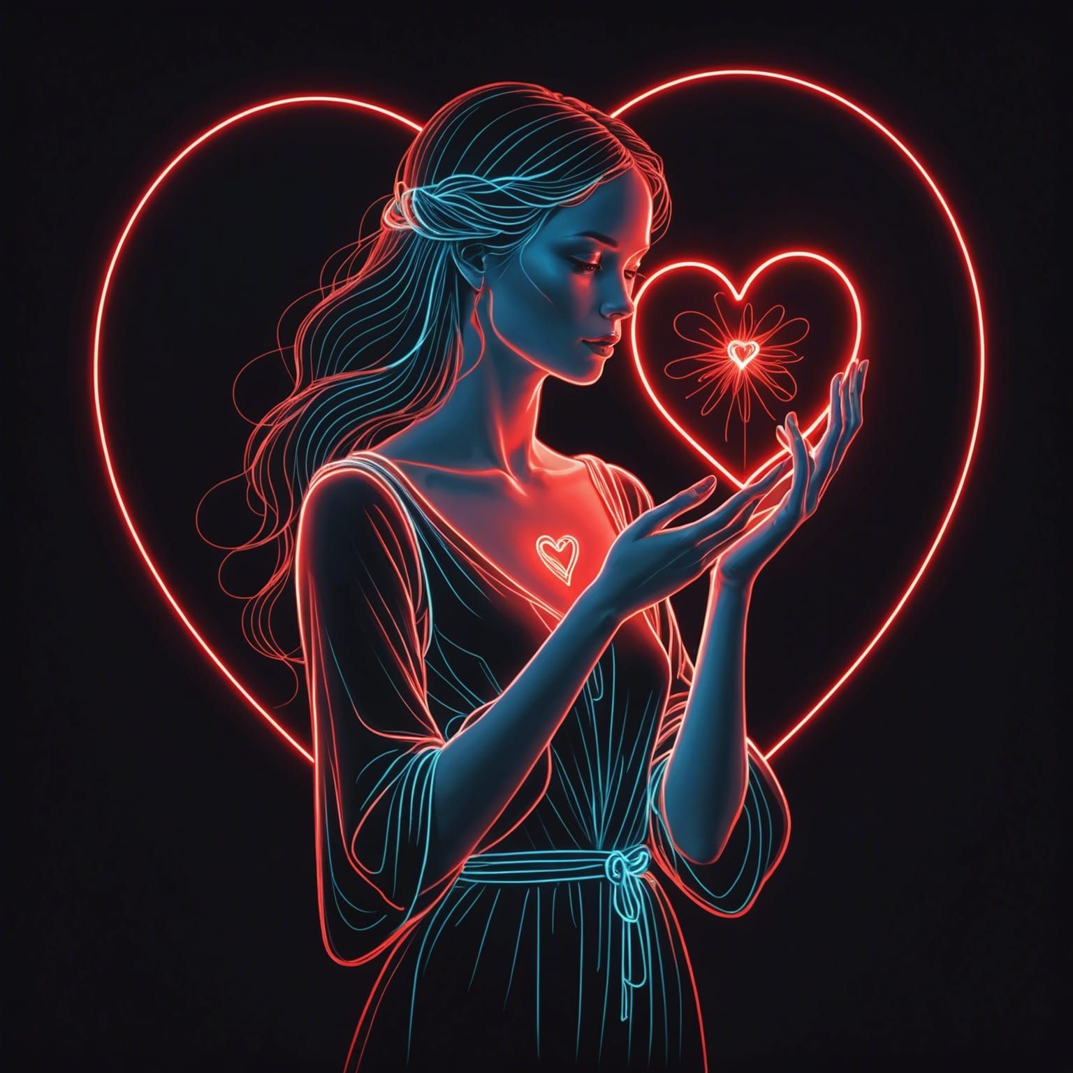 Ethereal Woman Holding Heart in Neon Line Art
