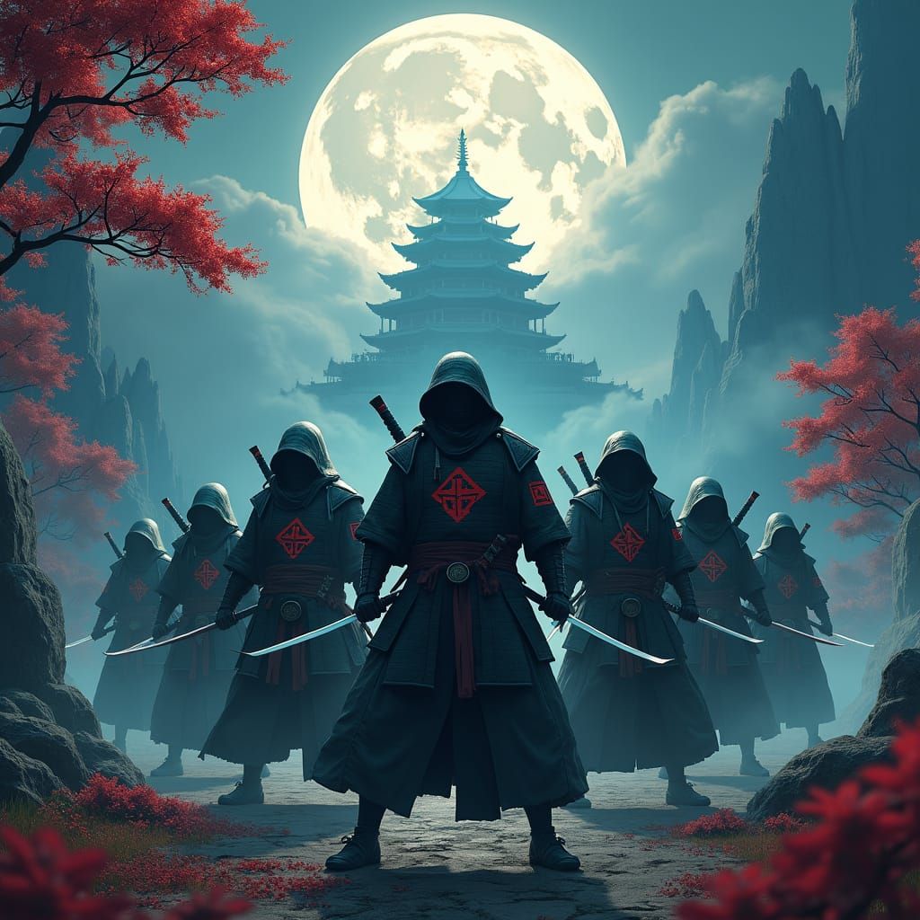 Mystical Ninjas in Moonlit Landscape: Matte Painting