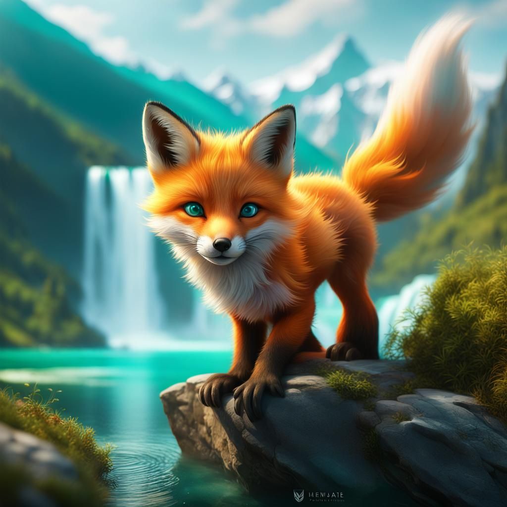 Hyperrealistic Fox Cub Chasing Turquoise Color