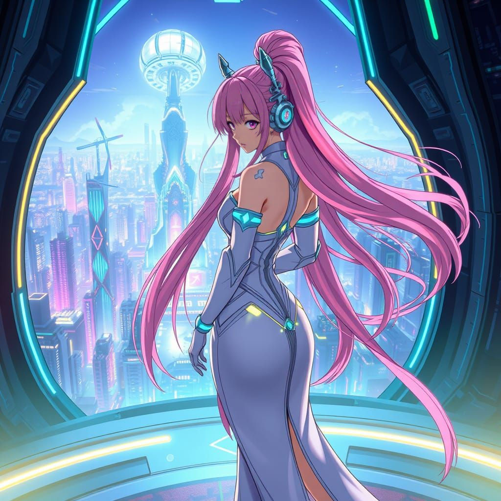 Futuristic Princess Reigns in Cyberpunk Cityscape