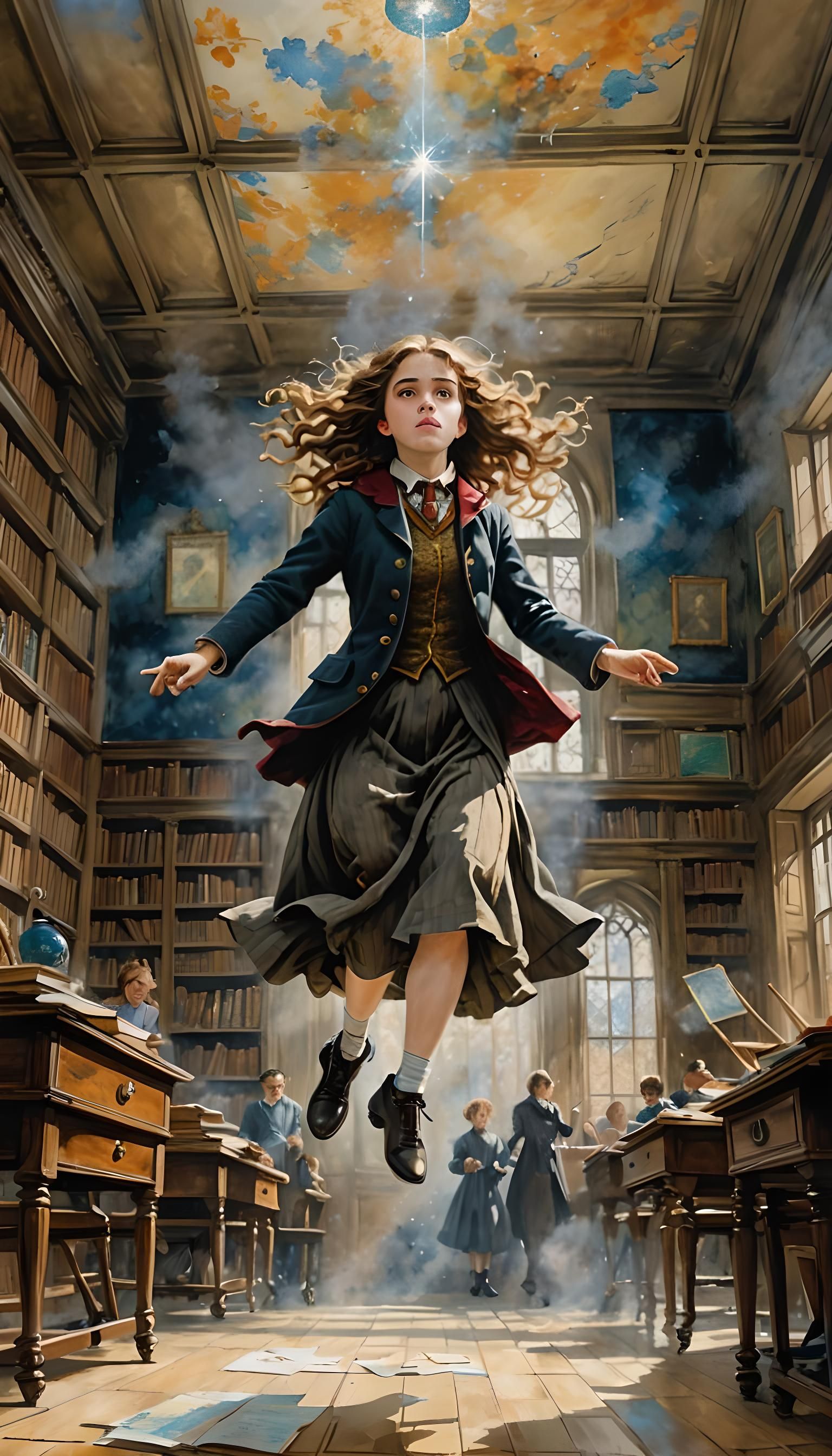 Hermione Levitating in Classroom: Impressionist Watercolor