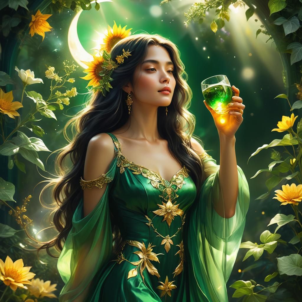 Mystical Lady Drinking Sun in Fantasy Garden
