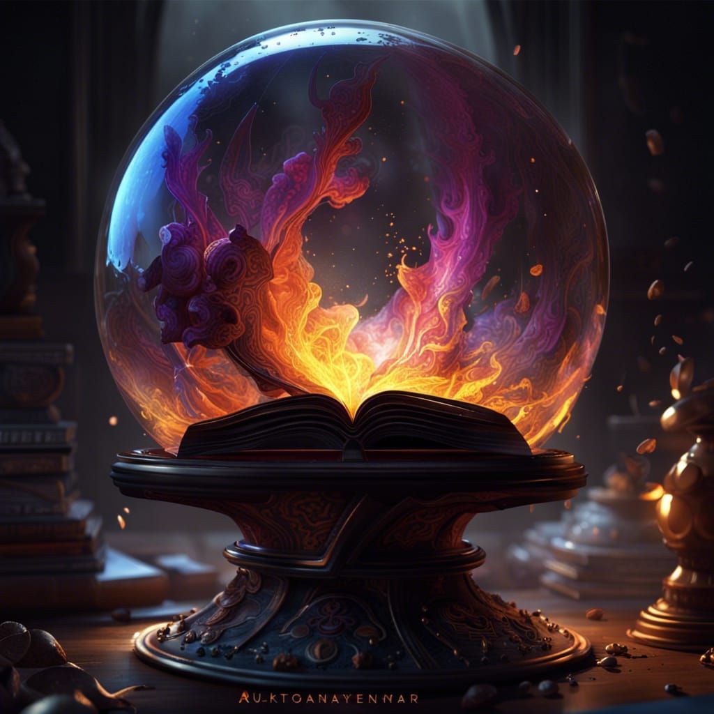 Fiery Sphere on Book in Detailed Fantasy Art