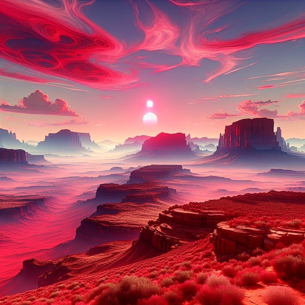Red Sunrise Over Arid Desert: Photorealistic Cel-Shaded Art