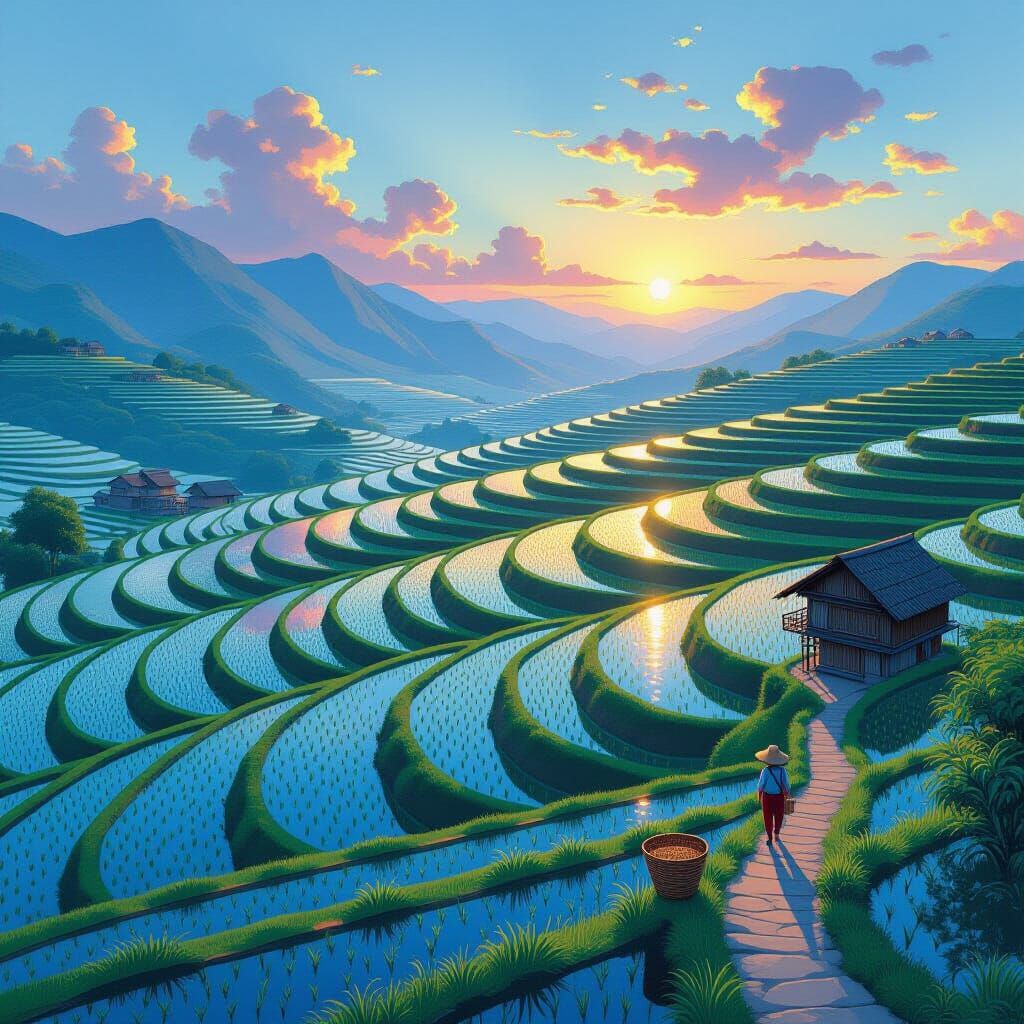 Lush Rice Terraces Reflecting Sky and Sunset