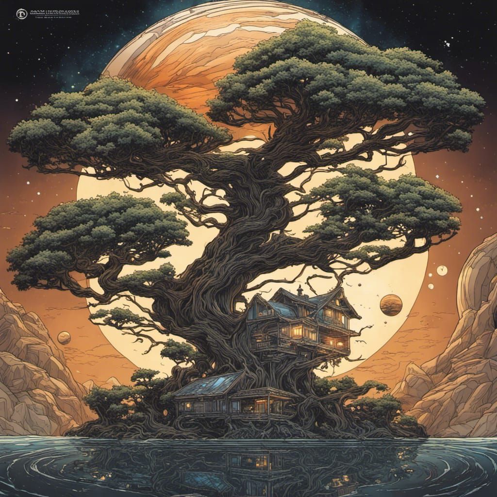Solar System Bonsai Treehouse in Comic Book Style