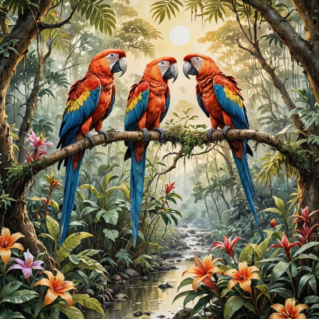 Rainforest River Scene in Watercolor and Ink Style