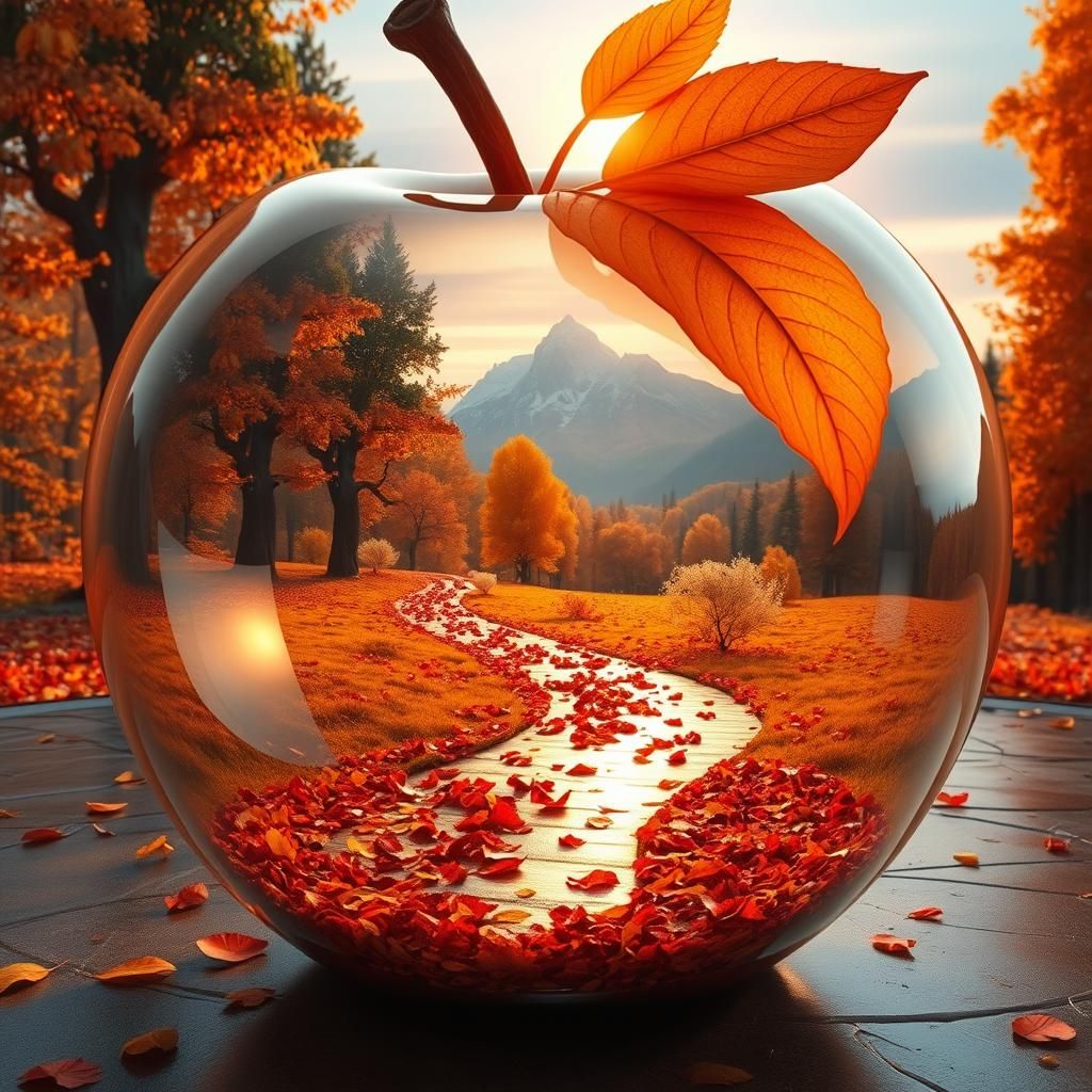 Surreal Autumn Landscape Inside a Glass Apple