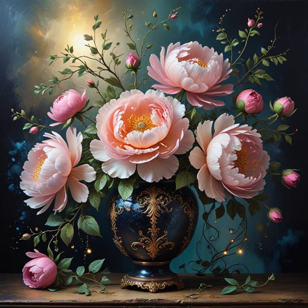 Majestic Baroque Floral Scene with Glowing Accents