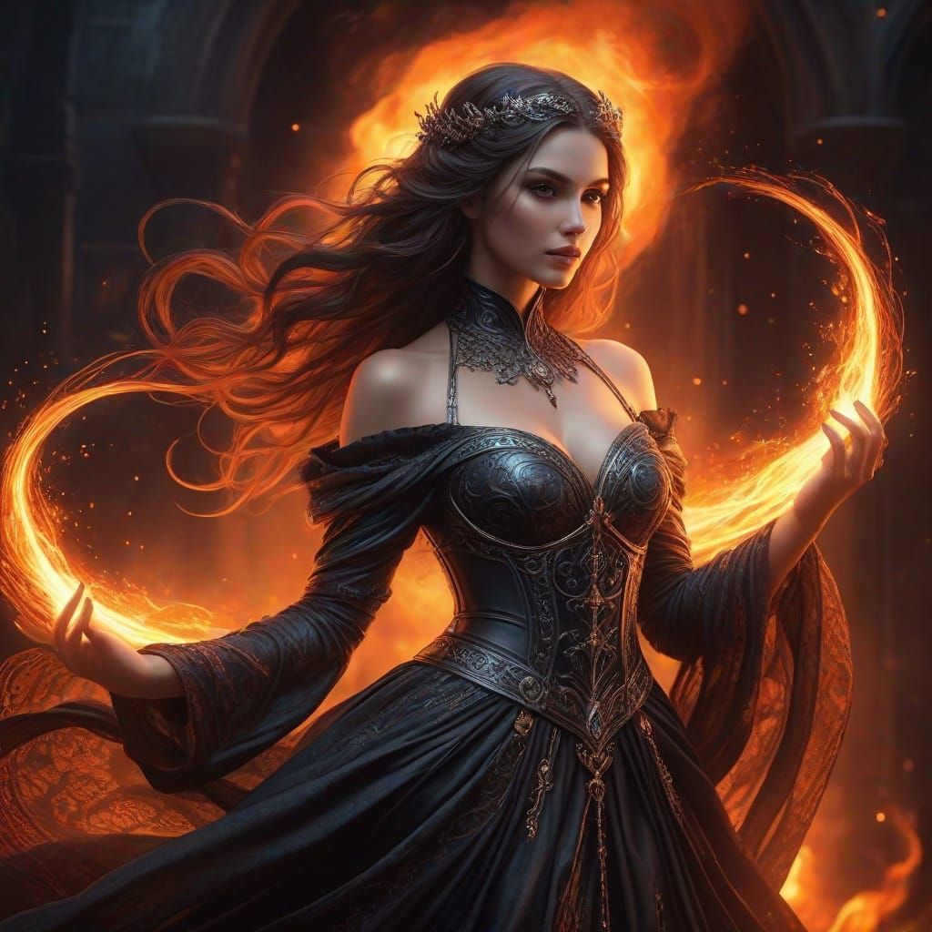 Ethereal Goddess in Ash Woven Gown Amidst Fiery Vortex