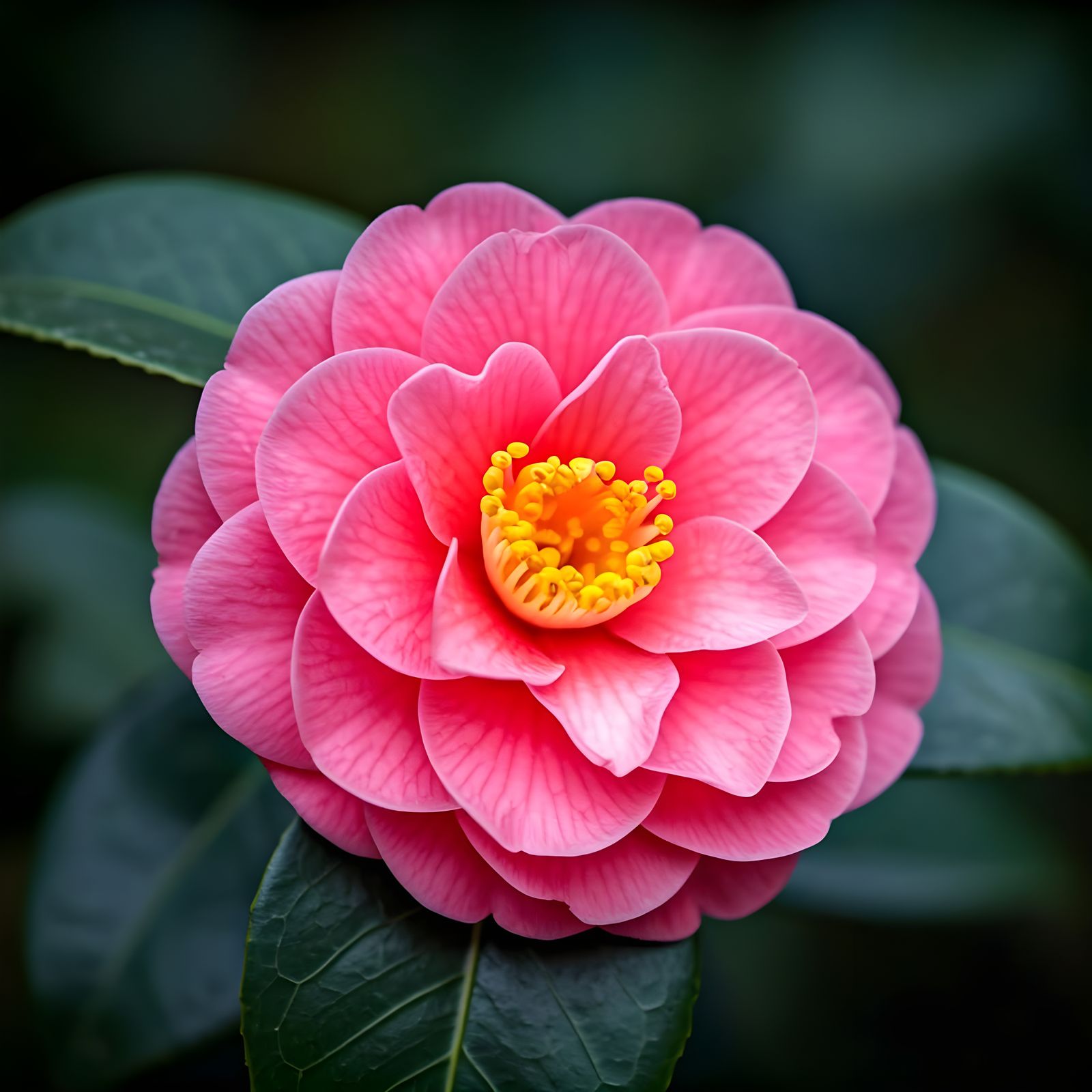 Vibrant Pink Camellia Bloom in Botanical Illustration Style
