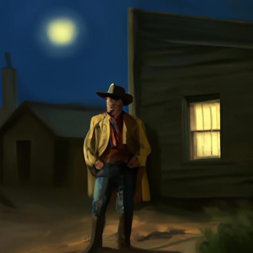 Western Gunslinger at Night in Edward Hopper Style