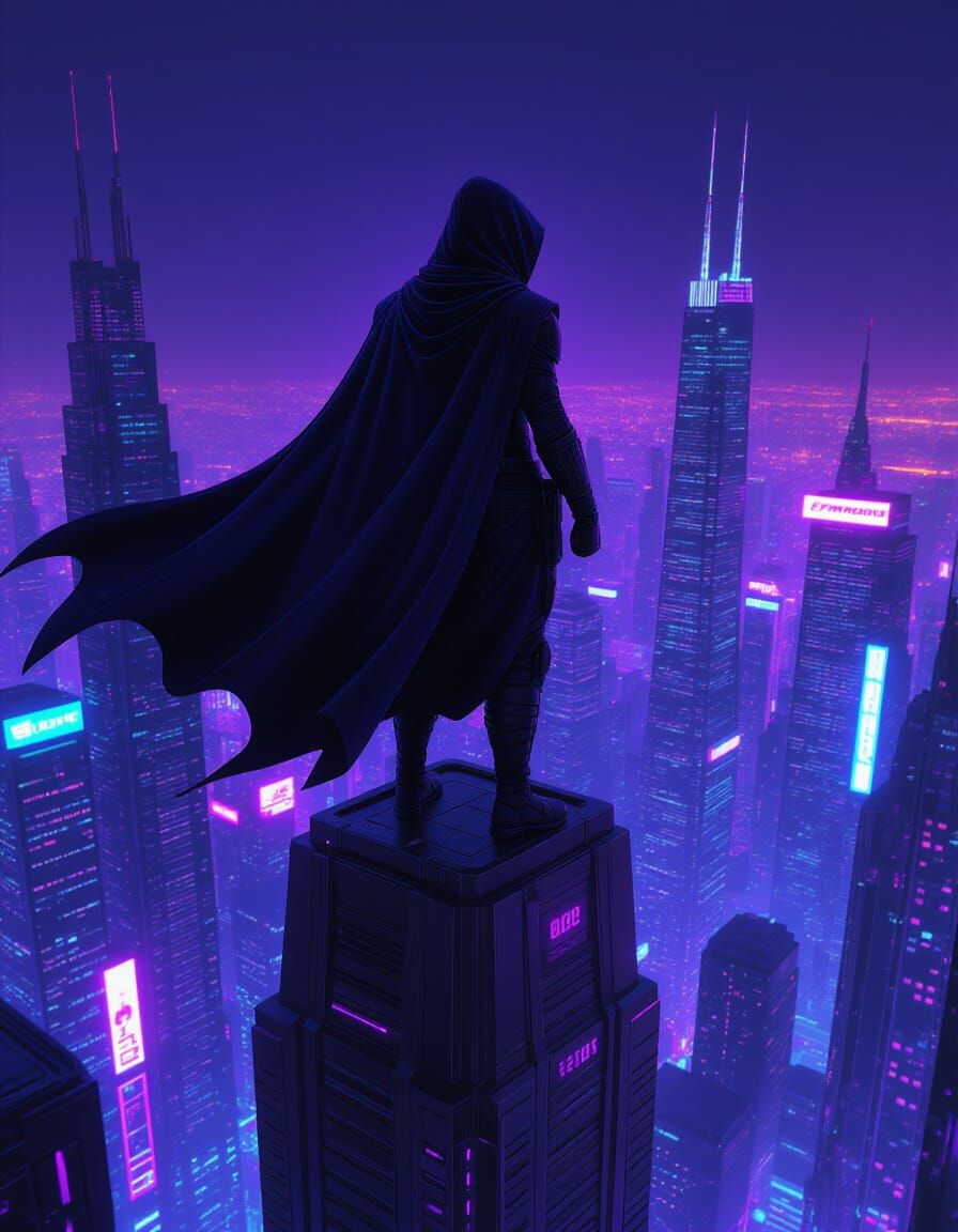 Cyberpunk Ninja Warrior on Futuristic Skyscraper