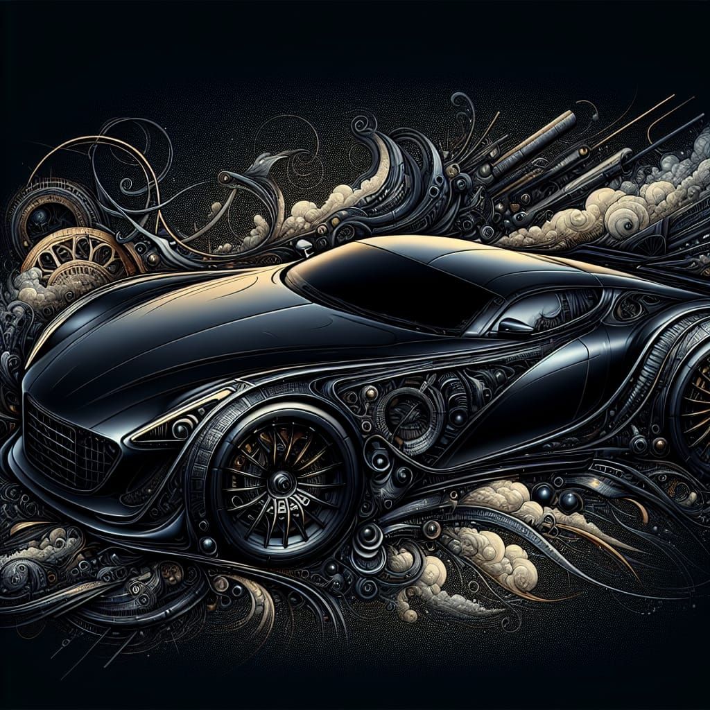 Matte Black Sports Car Concept Art in Romantic Style