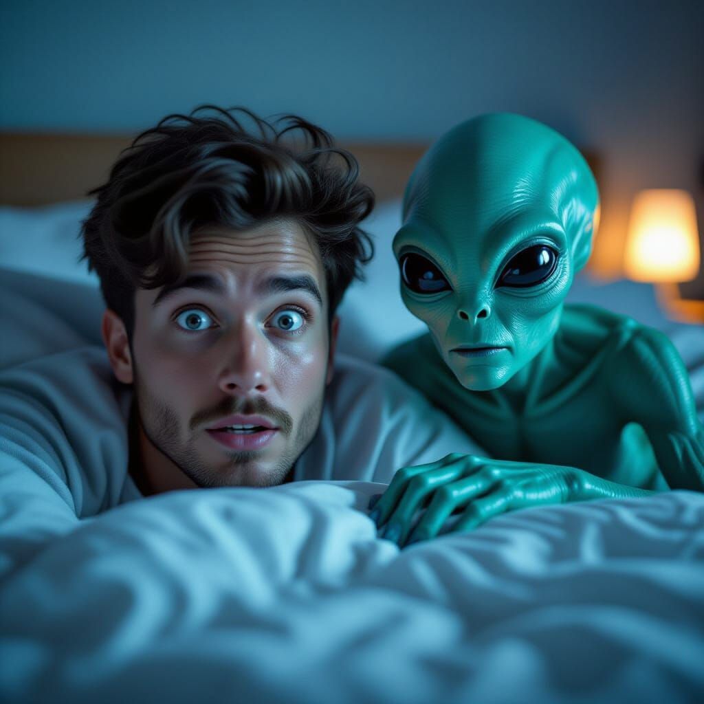 Astonished Person Shares Bed With Alien: Cinematic Portrait