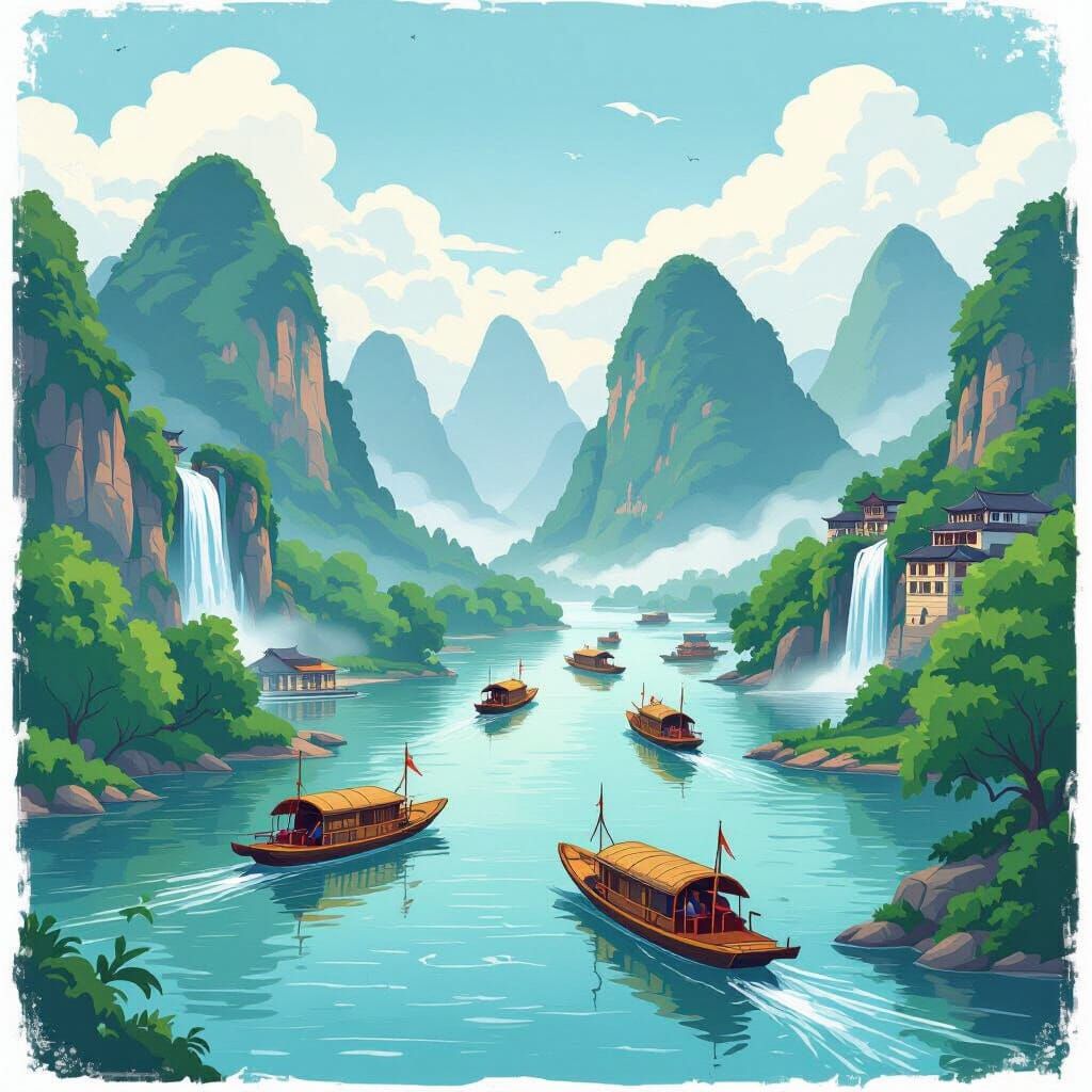 Guilin's Li Jiang River: A Ghibli-Inspired Cartoon