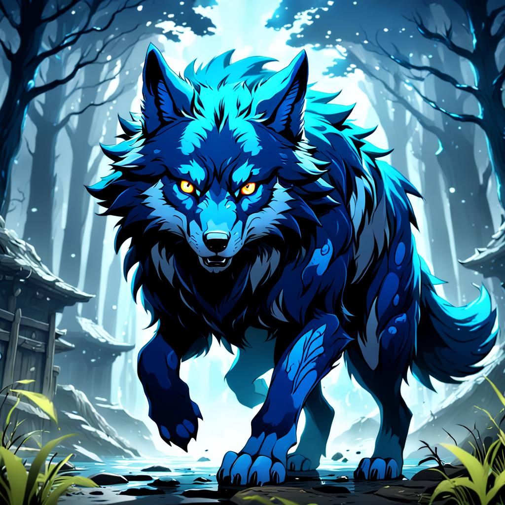 Anime Dark Blue Wolf in Detailed Matte Painting