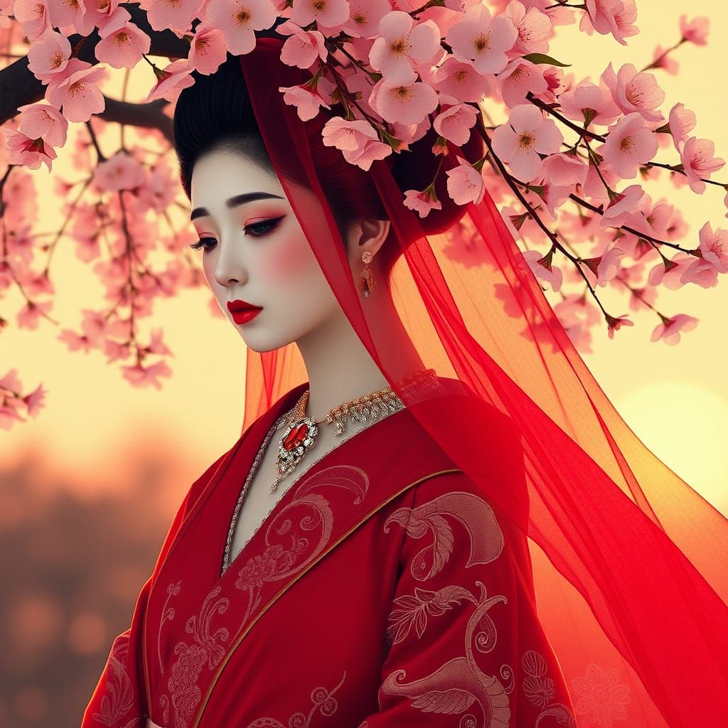 Geisha in Red Silk Under Cherry Blossoms, Ukiyo-e Style